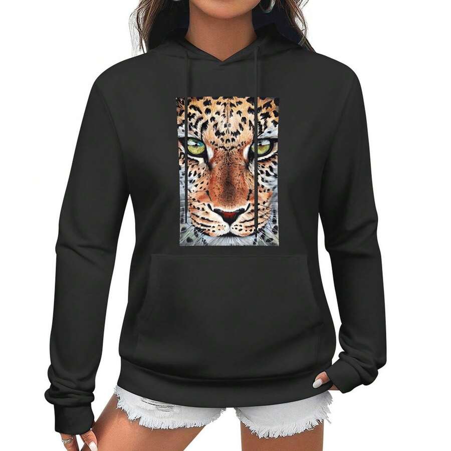 Men's Hoodie With Leopard Print, Men's Clothes,  100%, Watercolor Print Hoodie, Hoodie Art, Gift For Him, Suitable As A Gift - Black - View 1
