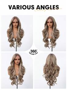 棕色合成蕾丝前假发，棕色挑染 13x4 无胶假发 波浪假发 女士预拔发际线假发 适合派对场合使用 28 英寸 - 挑染棕色 - 查看 10