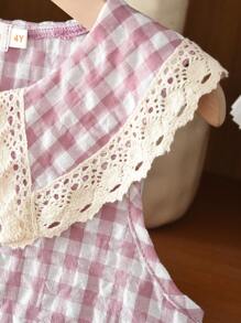 Summer Sweet & Cute Plaid Print Woven Fabric Lace Collar Camisole Dress For Girls - Pink - View 6