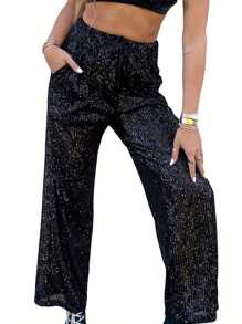 Womens Glitter Sequin Pants Drawstring High Waist Wide Leg Pants Hip Hop Trousers Streetwear Y2K Stripe Print Lounge Pants Straight Wide Leg Pajama Pants Drawing Loose Fit Trousers Comfy High Waist Pants Casual Gingham Soft Pants - 黑色 - 查看 1