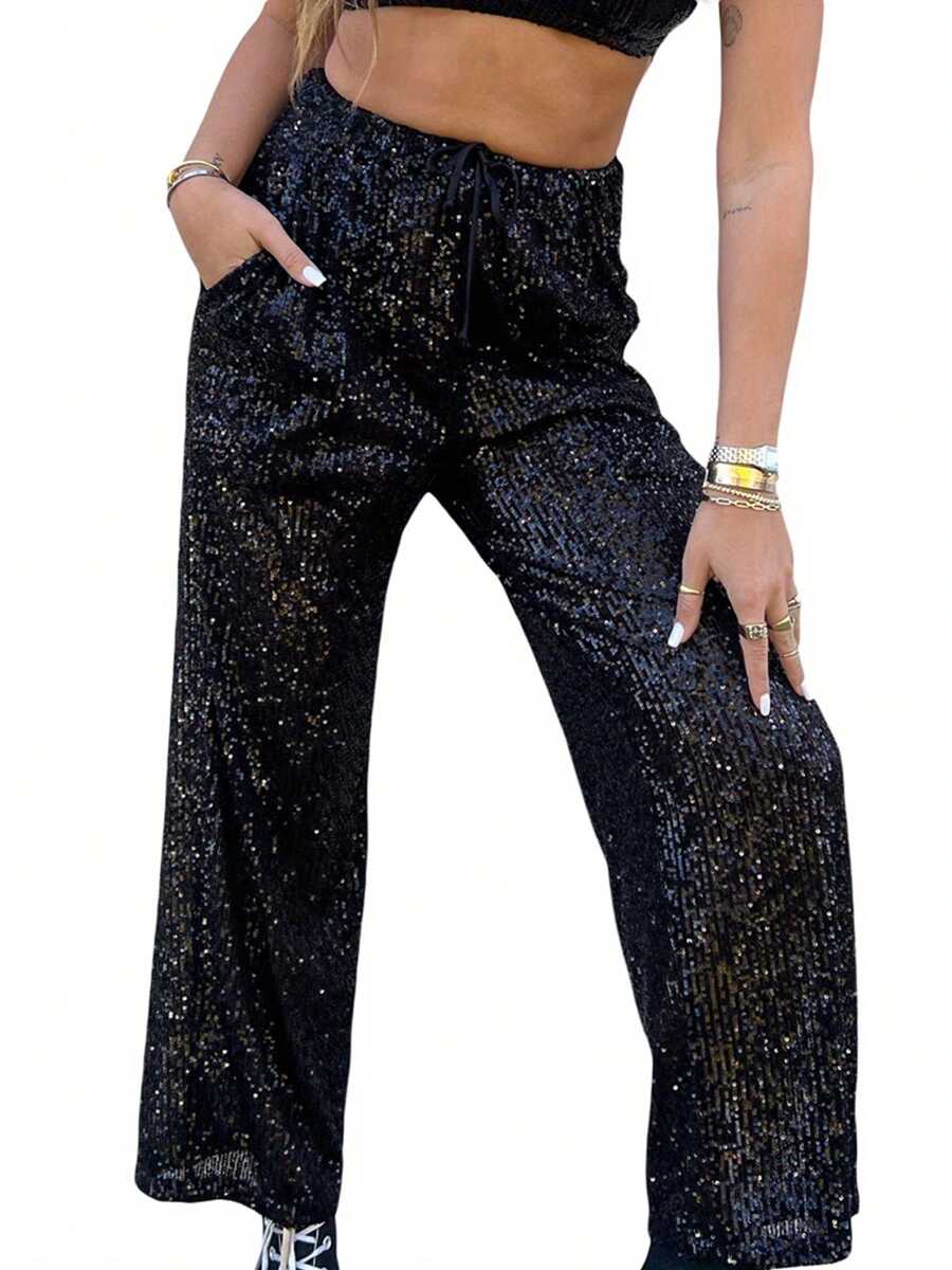 Womens Glitter Sequin Pants Drawstring High Waist Wide Leg Pants Hip Hop Trousers Streetwear Y2K Stripe Print Lounge Pants Straight Wide Leg Pajama Pants Drawing Loose Fit Trousers Comfy High Waist Pants Casual Gingham Soft Pants - 黑色 - 查看 1