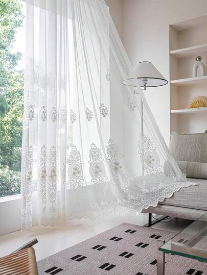 1pc Vintage European Style Transparent Beaded Curtain, Embroidered Fabric Window Decoration To Prevent Dust