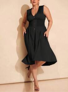 大码女式腰部弹力褶边性感 V 领前拉链黑色连衣裙，无袖喇叭裙，适合春夏季，适合日常、通勤、度假、约会、郊游、情人节派对装