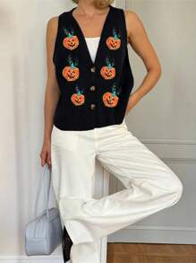 Womens Halloween Sweater Vest Pumpkin V Neck Sleeveless Button Down Knitted Cardigan Casual Streetwear - Orange - View 3