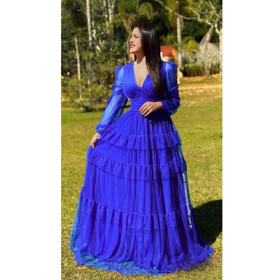 Vestido De Festa Marsala Madrinha Formatura Casamento Manga Longa Babado Três Maria - Azul Royal - Visão 1