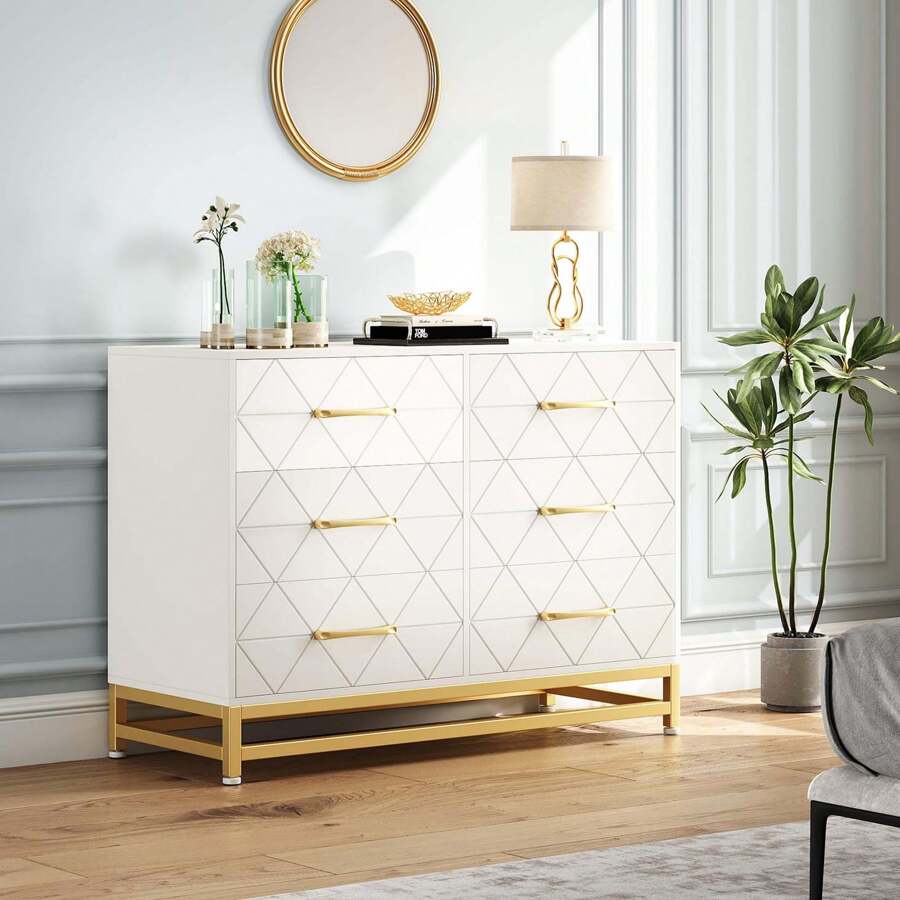 Danolapsi 6 Drawer Dresser For Bedroom Morden Chest Of Drawers Wood Bedroom Double Dresser Wide Dresser TV Stand Storage Drawers For Closet Hallway Nursery Entryway - trắng - Xem 1