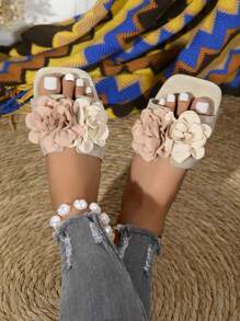 Women's Fashion 3D Flower Decorated Flat Sandals, Beige, Open Toe, Suitable For Beach, Travel, Party Wear, Comfortable Ladies Flat Slip-On Sandals, Suitable For Summer, Autumn, Back To School, Valentine's Day - Apricot - View 4