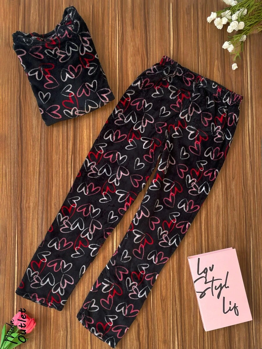 Conjunto de pijama afelpada para mujer, clásica, con hermosos colores y estampados. Camisa de manga larga y cuello redondo, pantalón de ajuste natural con resorte, tela muy suave, ligera, cálida y agradable, ideal para primavera, otoño e invierno. - Negro - Ver 1