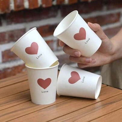 50PCS Simple Style Love Pattern Paper Cups Thickened Office Household Commercial Drink Cups Anti-Slip And Leak-Proof 250ML Disposable Paper Cups Suitable For Family Dinners, Outdoor Camping And Office