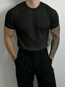 Men's Short Sleeve Twist Rope Crew Neck Knitted Sweater, Summer - Black - View 1
