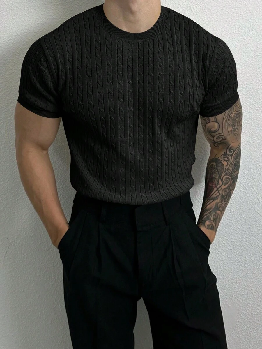 Men's Short Sleeve Twist Rope Crew Neck Knitted Sweater, Summer - Black - View 1