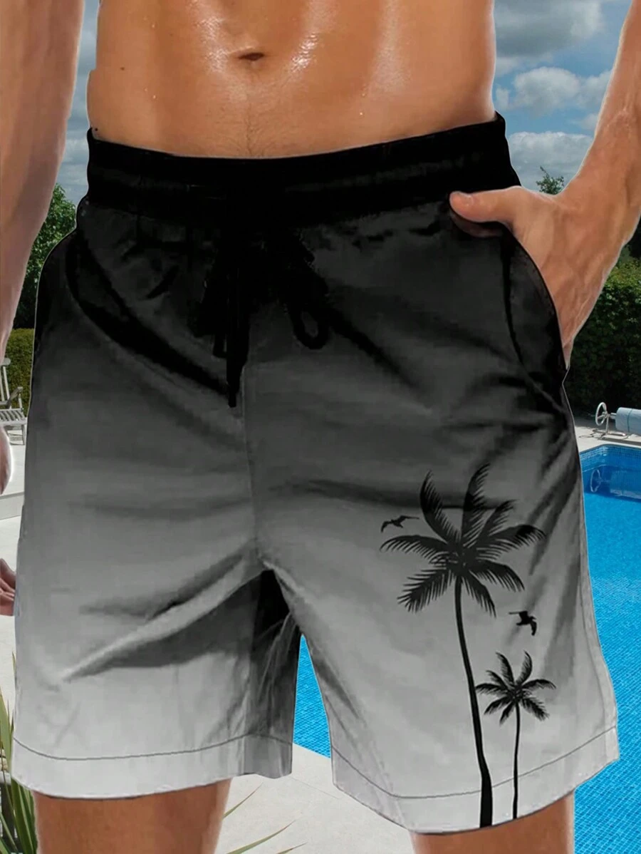 Lzzidou Men's Swim Trunks Hawaiian Bathing Mesh Lining Suit Swimsuits Beach Shorts With Pockets - 黑與白 - 查看 1