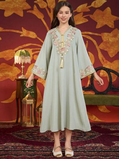 Tween Mädchen Stickerei V-Ausschnitt Langarmkleid, lockerer langer Bademantel im arabischen Stil