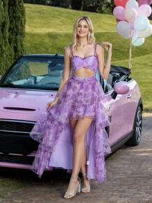 Romantic Mesh Butterfly Foil Print Multilayer Cake Cutout Back Spaghetti Strap High Low Flared Party Dress, Wedding Guest Dress, Prom Dress - Purple - View 2