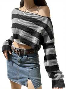 Women Fall Cropped Sweater, Knitted Stripe Off Shoulder Long Sleeve Pullover Knitwear Streetwear For Girls Fall Autumn Winter