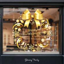 Christmas Window Stickers Bow/Bell Wreath Wall Decals Holiday Window Clings For Party Supplies Decoration - Gold - View 4