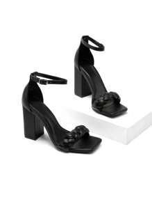 Women Chunky Braided Ankle Strap Heeled Sandals Fashion Open Square Toe Spring Summer Pumps Shoes For Party Wedding - Black - View 4