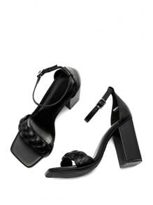 Women Chunky Braided Ankle Strap Heeled Sandals Fashion Open Square Toe Spring Summer Pumps Shoes For Party Wedding - Black - View 6