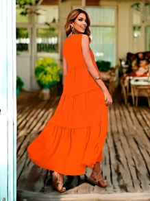 Women's Sleeveless Beach Style Long Dress - Freshness And Fashion Elegance - 橘色 - 查看 3
