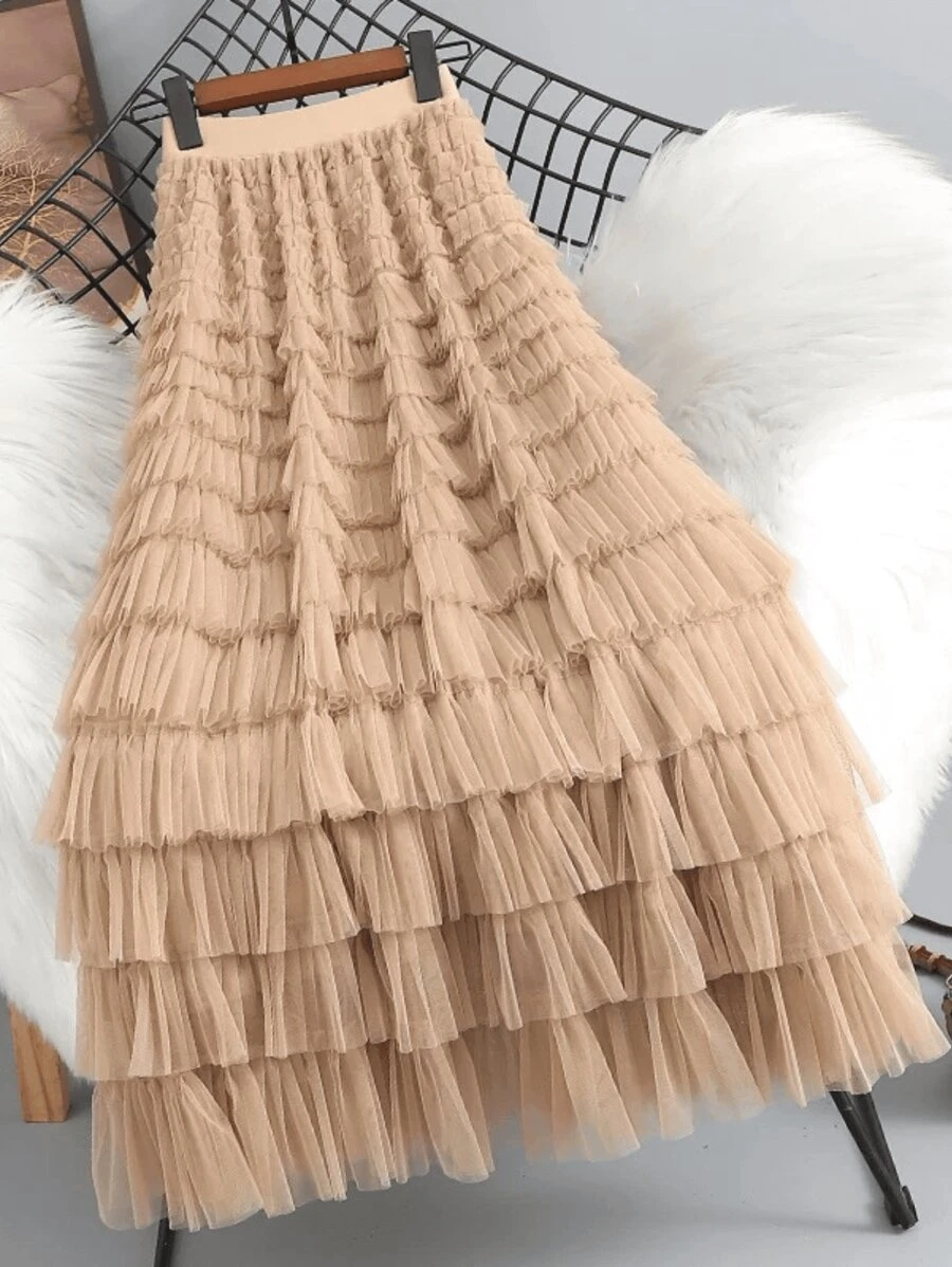 Temperament Knitted Skirt Layered Cake Skirt - Khaki - View 1
