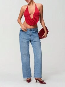 Women's Summer Halter Neck Vest Sleeveless Deep V Neck Solid Color Crop Tank Tops - Red - View 7