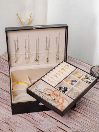 1pc Jewelry Storage Box, High-End Double Layer Large Capacity PU Leather Jewelry Box, Ring Earring Accessory Storage Box For Home, High-End Jewelry Box Dust-Proof Oxidation-Resistant Jewelry Protective Box, DIY Accessories Sewing Kit Storage Box, High-End Jewelry Box, Cosmetic Pencil Makeup Tool Storage Box, Counter Jewelry Display Box