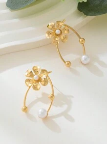 1 对奢华优雅百搭仿珍珠鸢尾花设计耳钉，适合女士日常佩戴和约会 - 彩色 - 查看 3