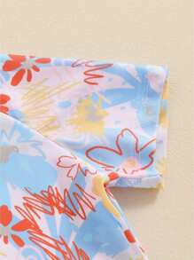 Toddler Boy Girl Short Sleeve One Piece Zipper Swimsuit Summer Floral Print Swimwear Romper Jumpsuit Beach Bathing Suit - 藍色 - 查看 6