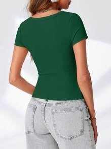 Womens Scoop Neck Short Sleeve Casual Tshirts Tops Summer Going Out Work Cute Fitted Shirts - 橄欖綠 - 查看 2