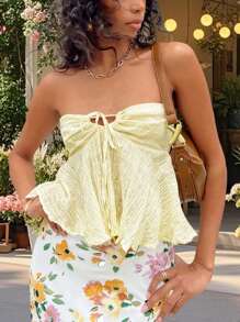 Women Y2k Tube Tops Fairy Grunge Strapless Wrap Chest Boat Neck Tie-Up Bandeau Tops Sexy Backless Ruffle Crop Going Out Tops Aesthetic Clothes Streetwear - Màu vàng - Xem 1