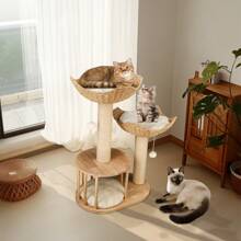 BingoPaw Scratching Post Cat Tree Stable: 3 Levels Modern Cat Scratching Post Climbing Tree With 2 Wicker Baskets Cat Bed Cat Cave Platform Plush Ball 99cm High Cat Furniture Occupation Scratching - Beige - View 6
