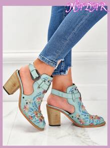 Blue Flower Printed Sandal Booties, Strappy Buckle Detail Chunky High Heel