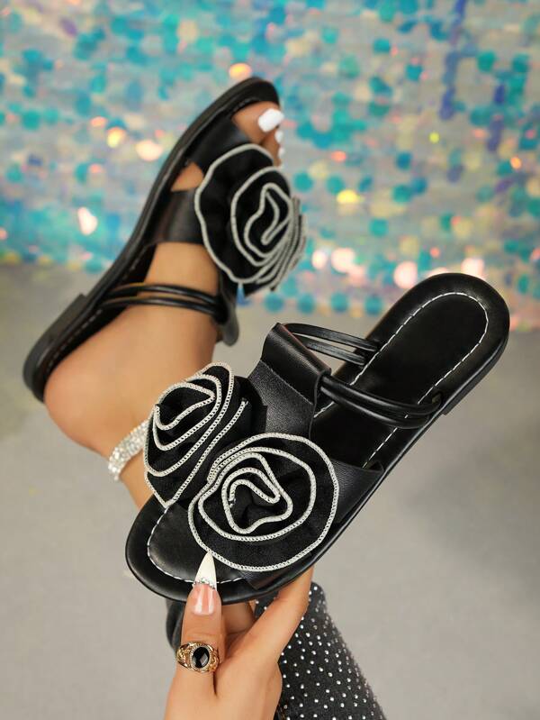 Damen modische Sommer-Sandalen mit Blumen-Dekor-Design, flache Slides, vielseitig einsetzbar