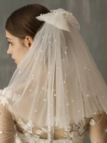 新娘面纱 - 仿珍珠尼龙柔软薄纱蝴蝶结新娘配饰，优雅婚礼必备女士秋季服装