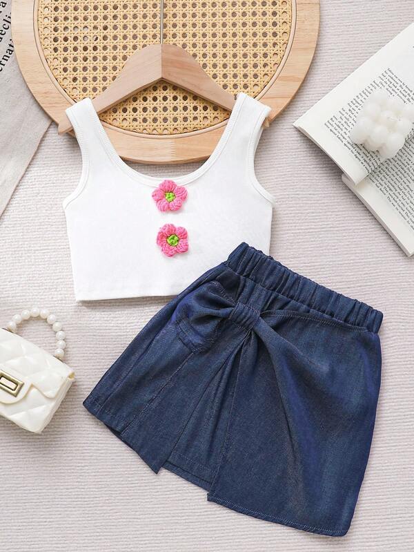 Girls 3D Floral Sleeveless Top + Bowknot Denim Effect Skirt 2pcs Set, Summer
