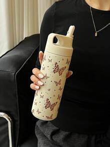 1 pezzo 500ml (16,9 once) Tazza termica a doppia parete in acciaio inox con stampa di leopardo e farfalla, con cannuccia, adatta per ufficio, all aperto, casa, auto, scuola, feste, compleanni, regali per il ritorno a scuola