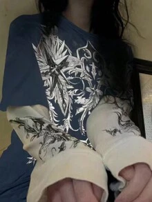 Y2K Style Graphic Print Contrast Color T-Shirt, Casual Minimalist Design For Everyday Wear - Blue - View 2