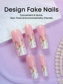 24pcs Pink Long Square Press On Nails White French Tip Nails With Golden Beads Bowknot Decor Wedding Dresses Bride Fake Nails Art Charms Glossy Full Cover Cute Style For Women Grils Valentines Nails