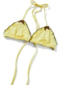 Women Summer 2 Pieces Ruffles Hem Bikini Sets Y2k Swimsuit Outfits Halter Sleeveless Padded Bra And Frills Bow Thong Bottoms Beach Bathing Suits Set For Teen Girls Holiday Beachwear - 黃色 - 查看 5