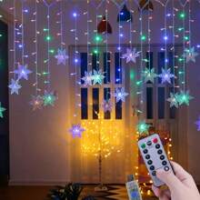 6.5-Meter Snowflake Curtain Light, 16 Hanging Light Lines, 96 LED, 16 Snowflakes, Power By USB, 8-Mode Control, Suitable For Occasions Such As Christmas, New Year, Spring Festival, Easter, Halloween, Ramadan, Weddings, Dances, Parties, Curtains, Courtyards, Door Curtains, Eaves, Trees, Classrooms, Churches, Stages, Camping Decorations, Etc