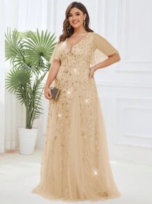 Váy dạ hội tay cánh bướm sang trọng cỡ lớn, đính sequin, dự tiệc cưới, tốt nghiệp, tiệc tối - Vàng - Xem 4