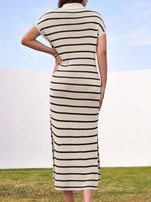 Women's Knit Midi Dress Short Sleeve Lapel Collar Striped Print Long Dress Going Out Dress