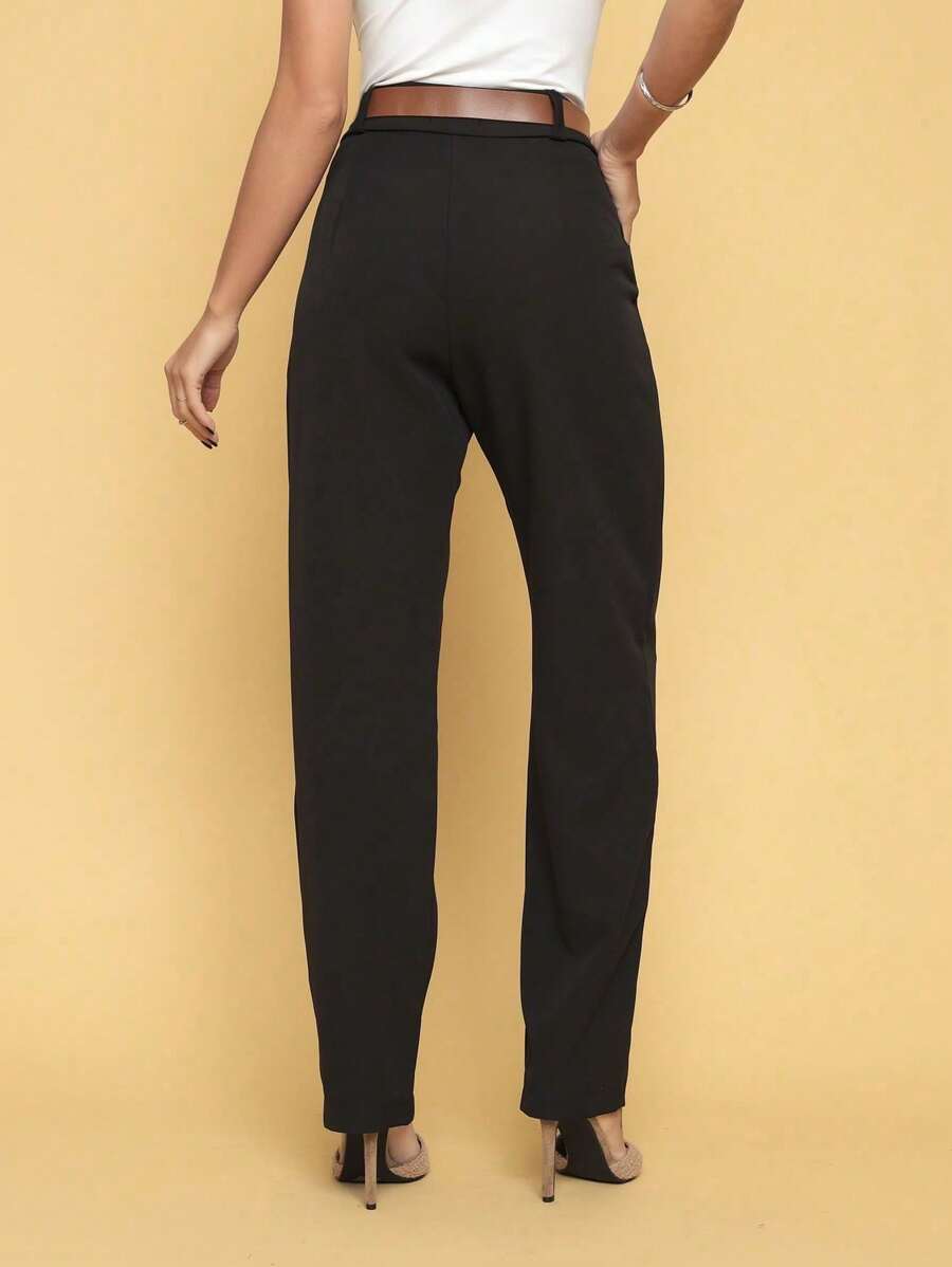 Elegant Women's Long Trousers With Belt Straight And Plain Model High Waist With Buttons And Zipper Elegant Tailoring Fabric / Daily / 2024 - Black - View 1