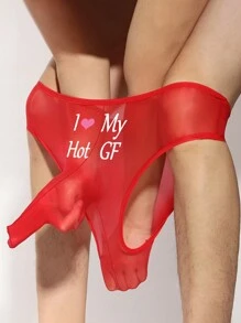 Men's Red Sexy Letter & Heart Graphic Breathable Thin Comfortable Daily Pouch Thong Underwear