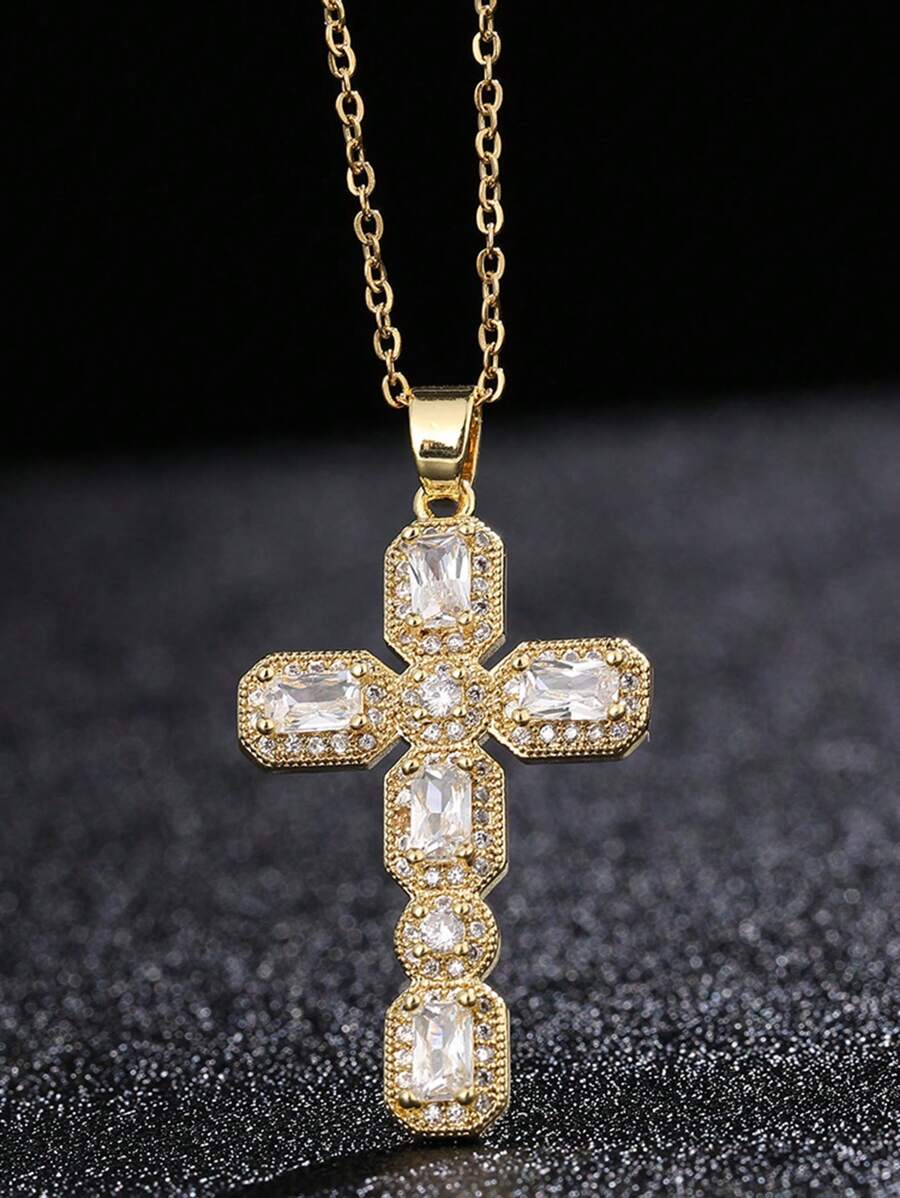 1 件男士吊坠项链，铜色几何拼布锆石吊坠项链，百搭多层配饰