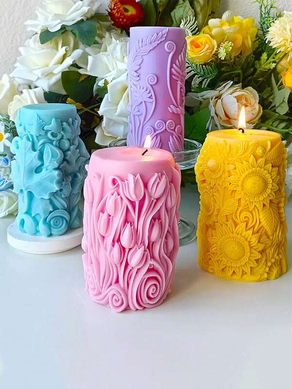 Molde de vela cilíndrico de tulipa, girassol, toco de árvore de folha de bordo, molde de silicone com textura floral de casca de árvore feito à mão, presente de casamento personalizado, jantar à luz de velas de aniversário de dia dos namorados, decoração de mesa, molde de silicone, resina epóxi faça você mesmo e fundição artesanal, suprimentos para fabricação de velas de gesso e concreto feitos à mão