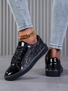 Women's Patchwork Sequins Casual Sneakers, Fashionable For Daily Wear