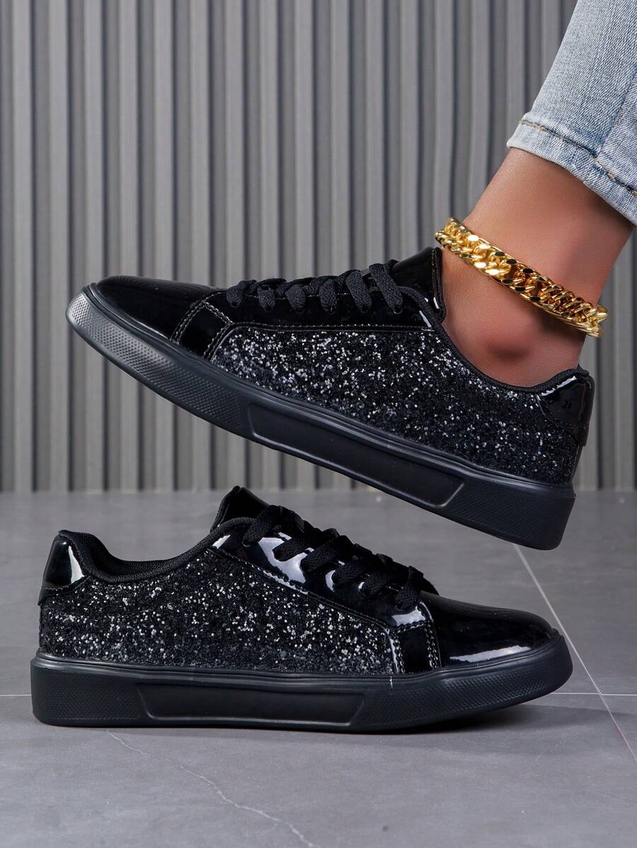 Women's Patchwork Sequins Casual Sneakers, Fashionable For Daily Wear