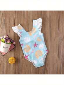 Baby Girls Summer One-Piece Swimwear Sleeveless Ruffles Shell Starfish Print Swimsuit Kids Cute Bow Backless Beachwear