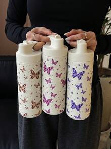 1 pezzo 500ml (16,9 once) Tazza termica a doppia parete in acciaio inox con stampa di leopardo e farfalla, con cannuccia, adatta per ufficio, all aperto, casa, auto, scuola, feste, compleanni, regali per il ritorno a scuola